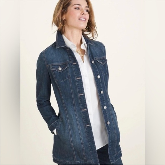 Chico's | Women’s Medium Blue Denim Long Line Button Front Jean Jacket Sz 12-14 - Picture 15 of 15